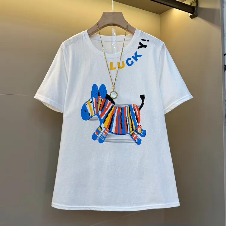 2025欧货韩系夏季新款潮流时尚小马印花胖mm休闲宽松T恤5269