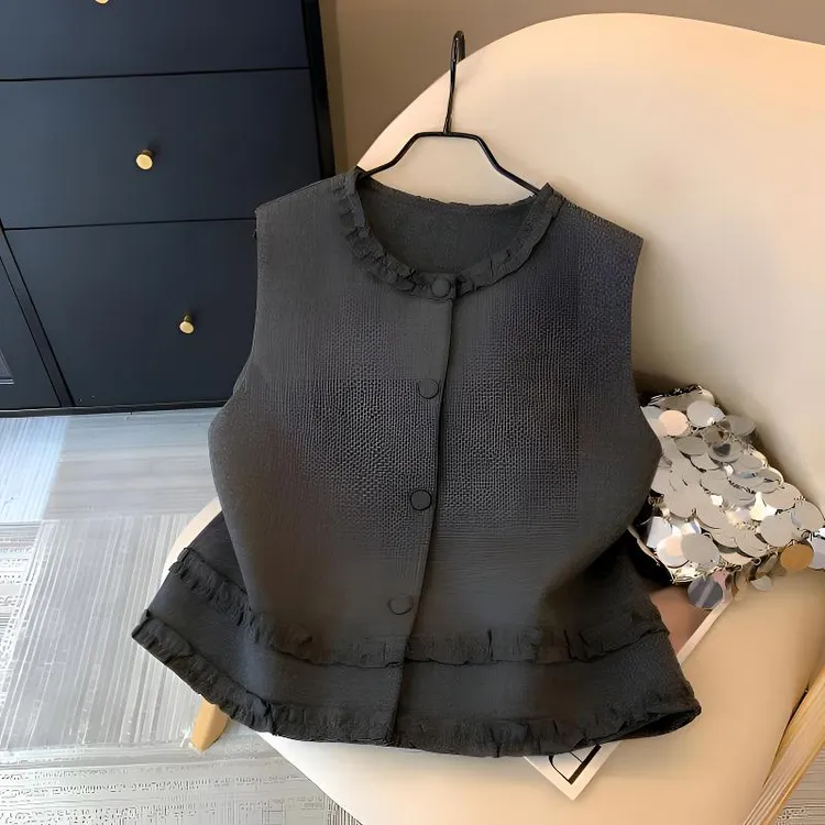 韩版灰色木耳边拼接马夹秋季新品设计感马夹背心别致坎肩百搭上衣
