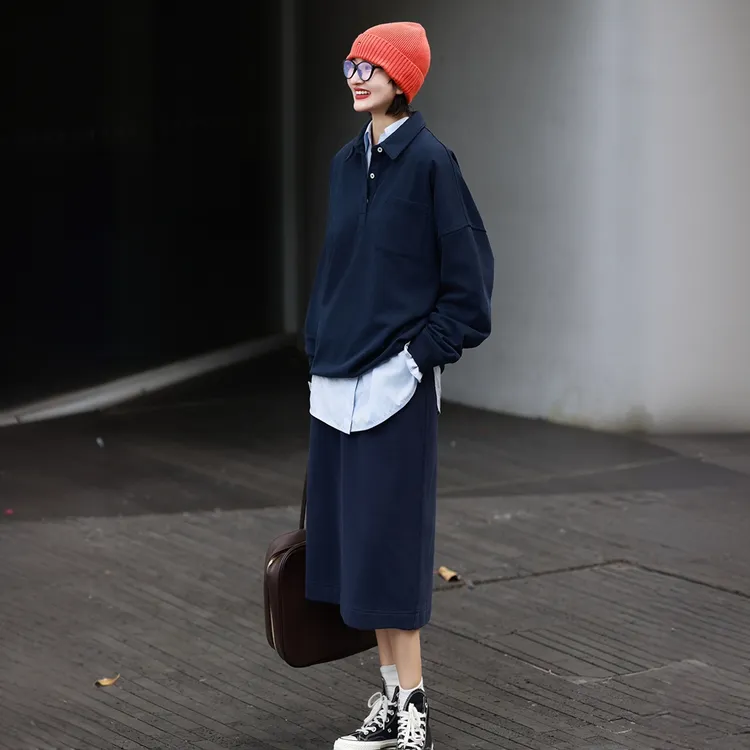 美拉蓝翻领卫衣套装女2025秋季新款气质减龄翻领长袖卫衣半身裙