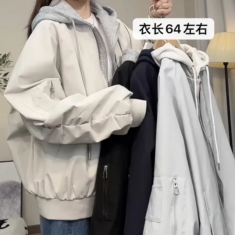 秋季新款美式高街假两件连帽外套女宽松休闲百搭夹克上衣男情侣潮