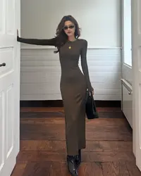 【Aliu自制】御姐气质高级感长袖连衣裙秋女圆领包臀修身拖地长裙