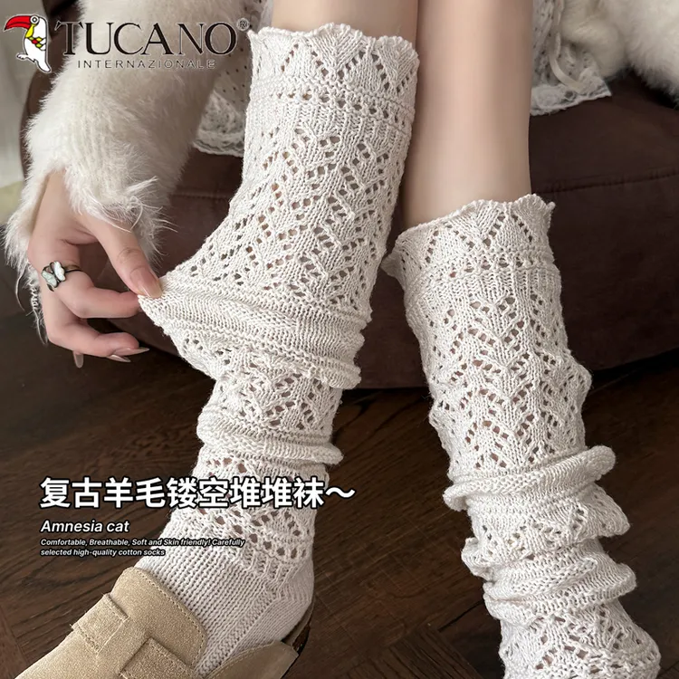 韦雪同款白色小腿袜子女春秋款法式堆堆袜女羊毛袜配靴子长筒袜女