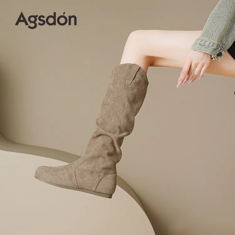 奥古狮登长筒堆堆靴女2025新款秋季废土风靴子绒面复古西部靴爆H