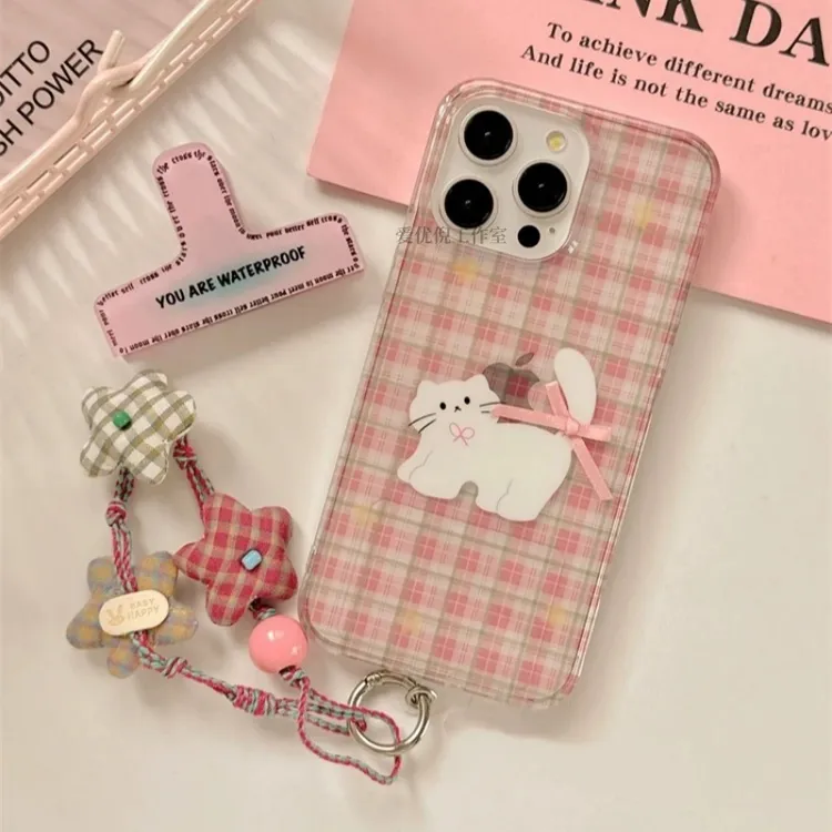 简约星星格纹猫咪适用红米note1213pro手机壳k70k60e挂链小米1415