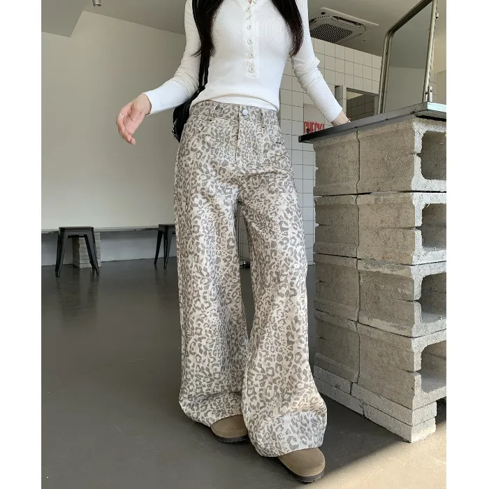 设计感复古豹纹休闲裤女秋季美式阔腿裤显瘦高腰拖地裤子直筒长裤