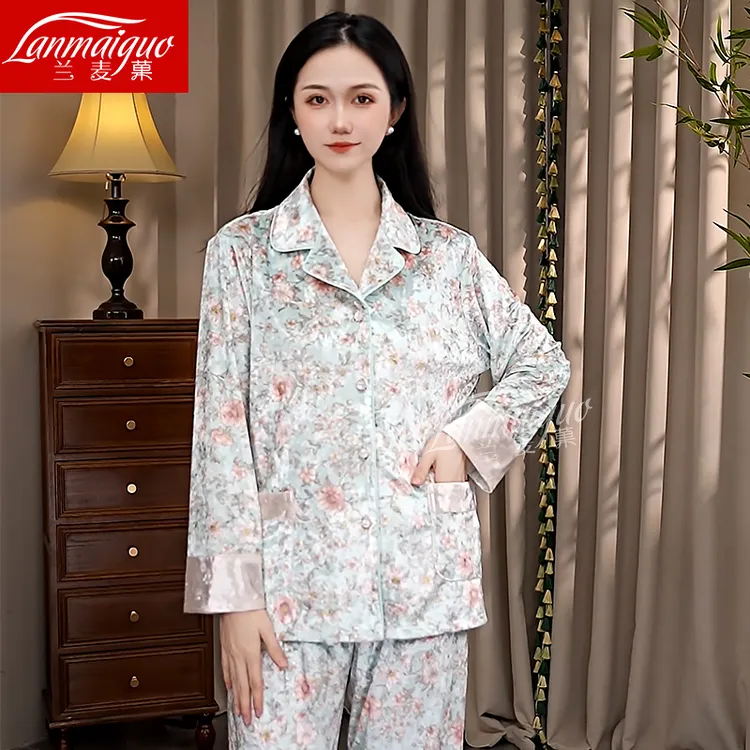 兰麦菓青罗花笺金钻绒睡衣女两件套2025新款金丝绒中式家居服套装
