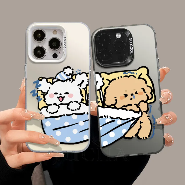情侣抢被子小狗适用苹果16plus手机壳卡通可爱情侣款OPPO华为小米
