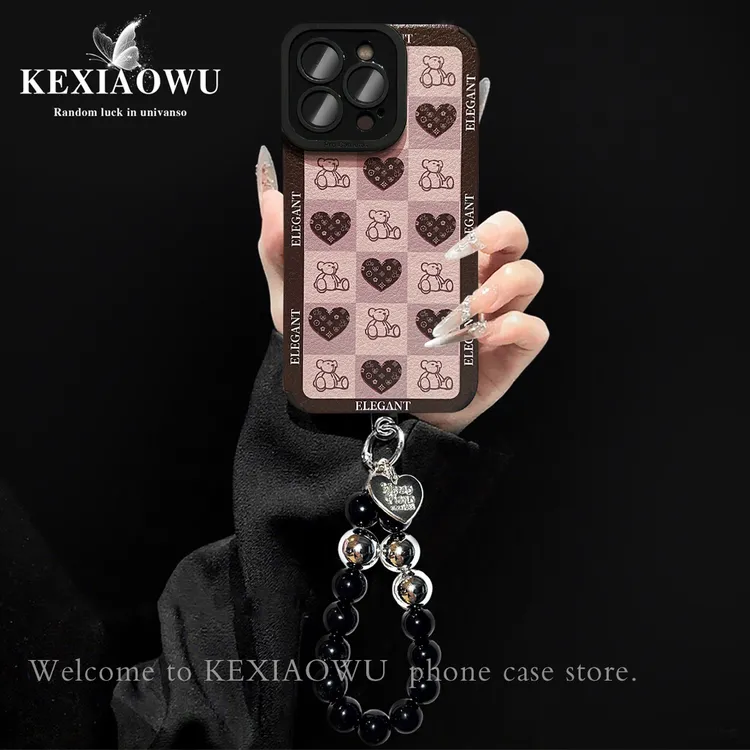 轻奢瞳眼爱心格子小熊适用苹果17PRO华为vivo小米oppo手链手机壳