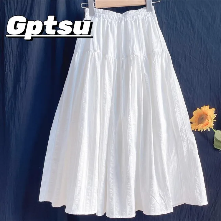 GPTSu文艺复古白色提花半身裙女夏季高腰显瘦轻薄大摆棉麻A字伞裙