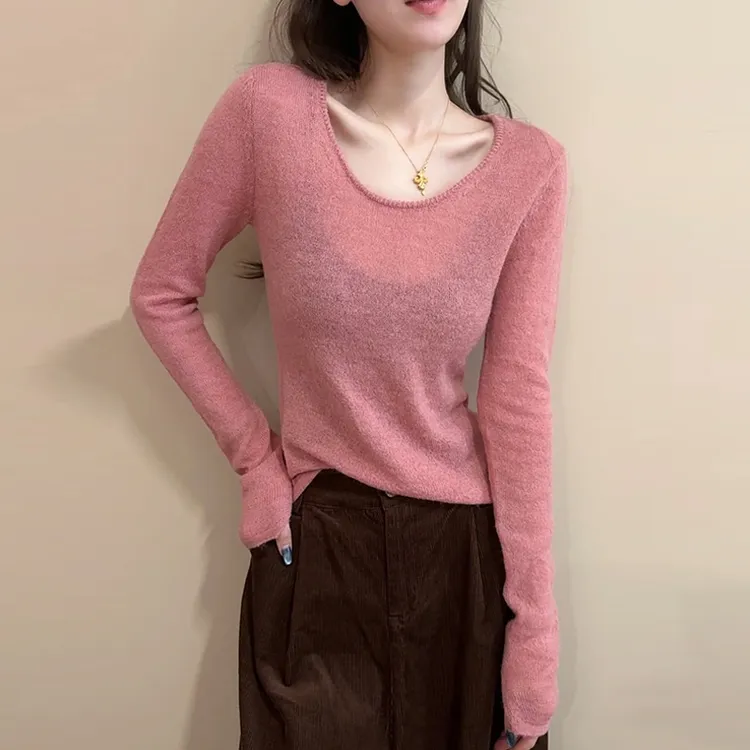 2025法式薄款轻薄显瘦保暖女秋冬打底针织衫上衣简约纯色女