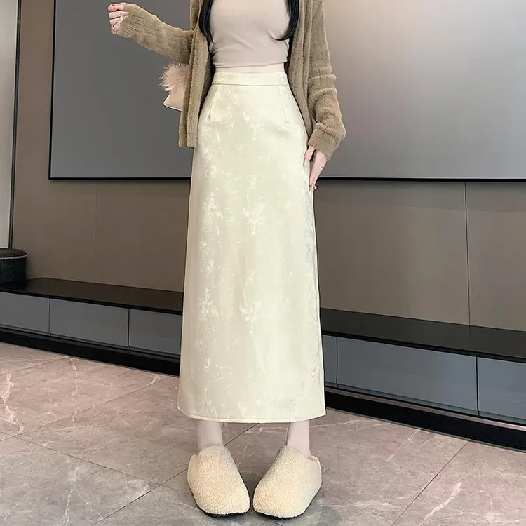 新中式国风pu皮丝绒半身裙女春秋高腰a字包臀裙中长版一步长裙子