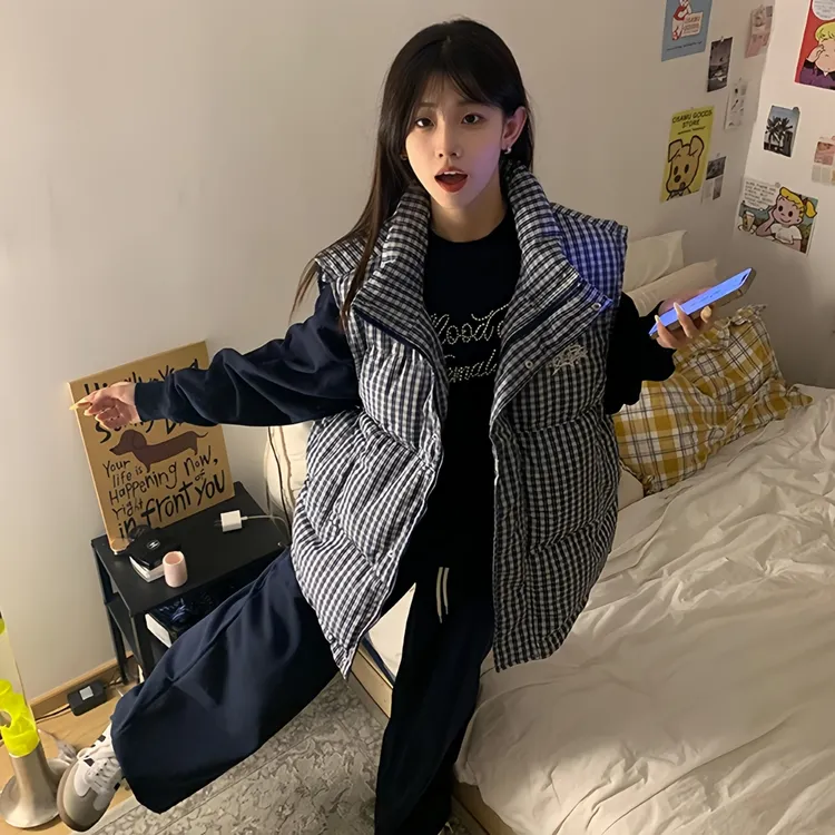 超好看 韩系高级感大码蓝色格子棉服马甲女秋冬外穿棉袄外套潮602