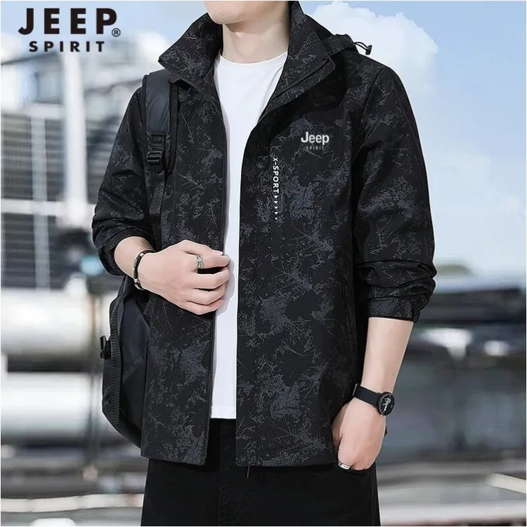 JEEP吉普迷彩冲锋衣男士春秋宽松大码户外运动登山服休闲夹克外套