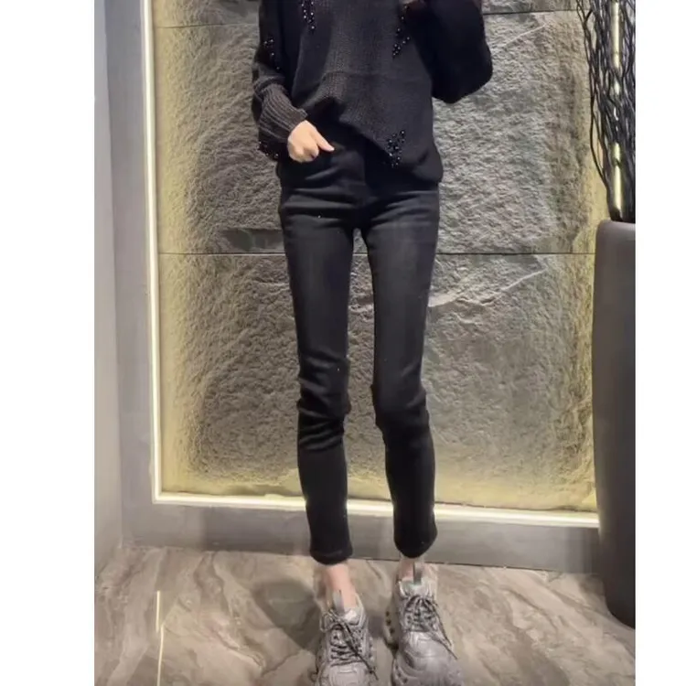 秋季新款时尚高腰直筒牛仔裤女百搭洋气重工镶钻八分弹力小脚裤