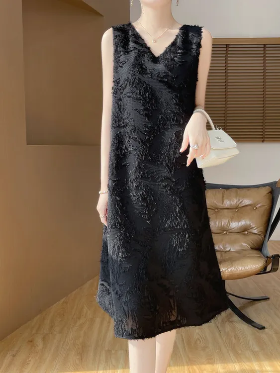 黑色打底法式烫金显瘦吊带裙女装爸爸无袖连衣裙长裙通勤蕾丝气质