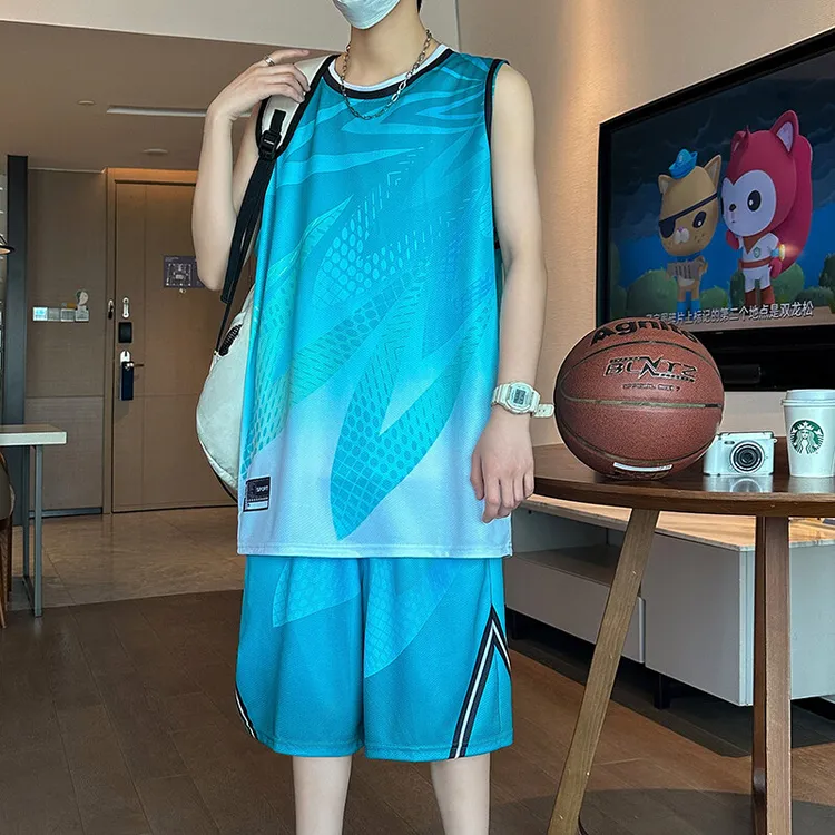 青少年夏季无袖t恤男孩初中高中学生篮球服套装大童冰丝速干球衣