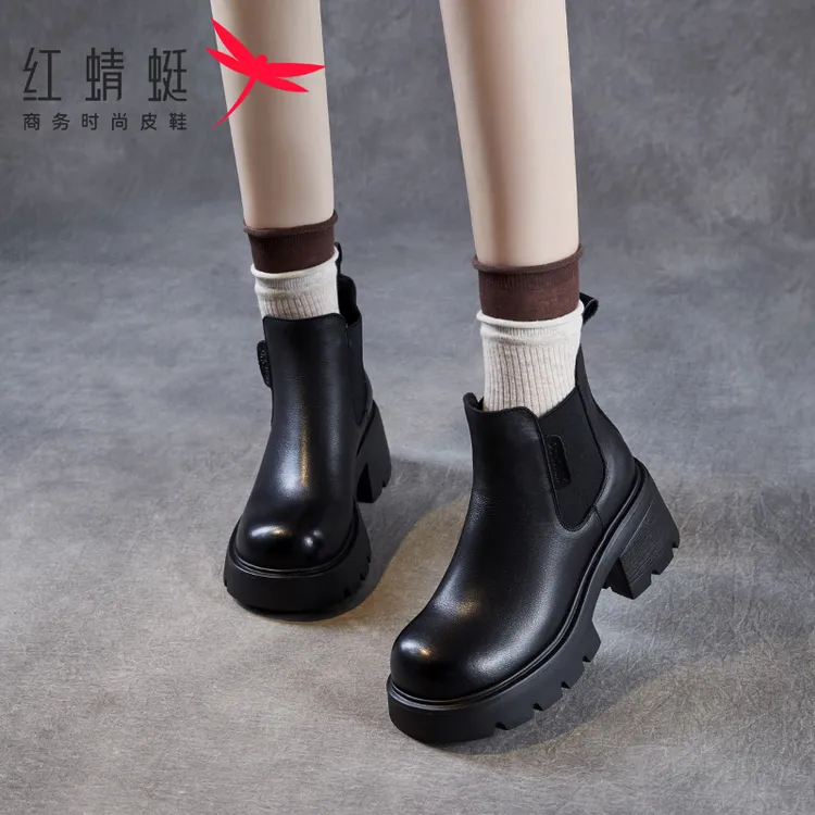 红蜻蜓马丁靴2025年秋季新款舒适头层牛皮厚底粗跟百搭女士短靴