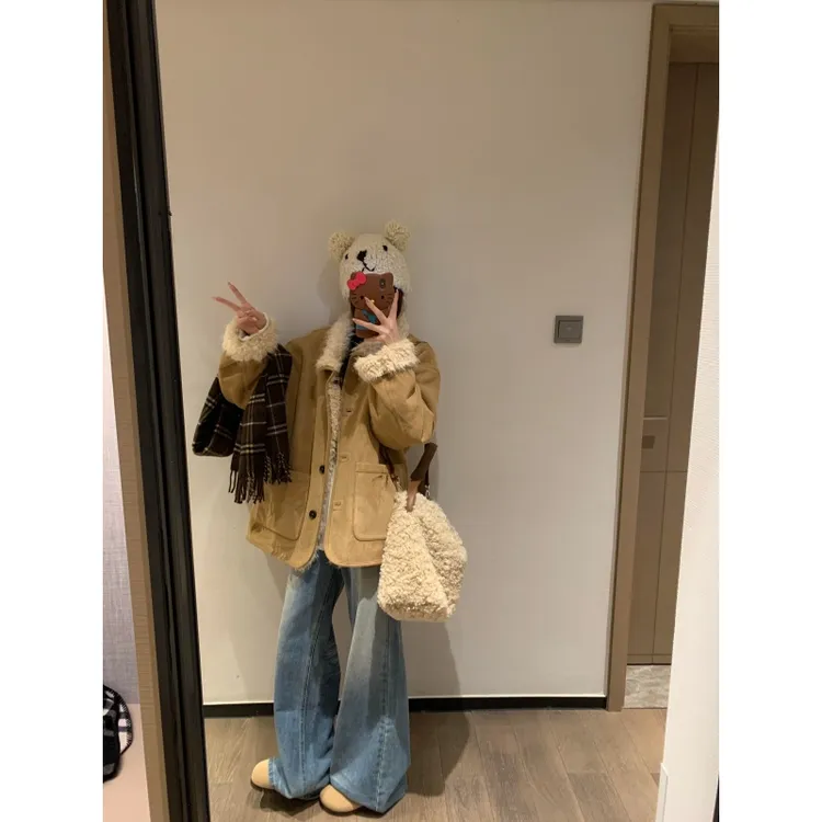 老钱风高级感宽松百搭保暖外套秋冬新款高腰垂感阔腿牛仔裤两件套