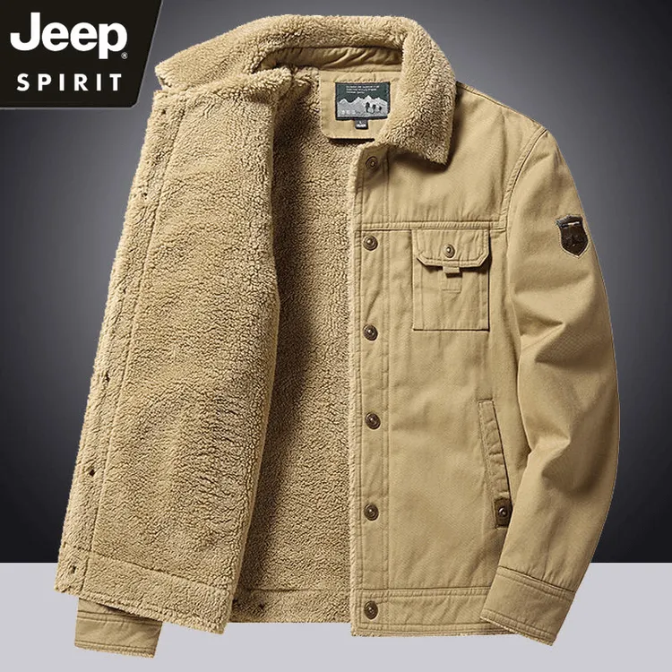 JEEP吉普男加绒工装外套军旅秋冬季羊羔绒休闲夹克中青年翻领棉衣