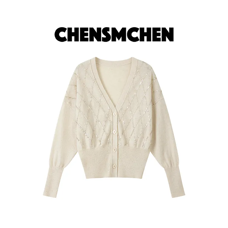 CHENSMCHEN 100绵羊毛V领珠片长袖针织衫女时尚气质开衫CSZ7470MX
