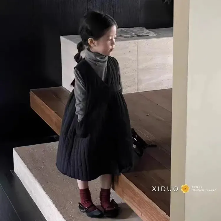 韩版女童甜美套装2025秋冬新款绗线马甲背心裙德绒高领打底衫套装