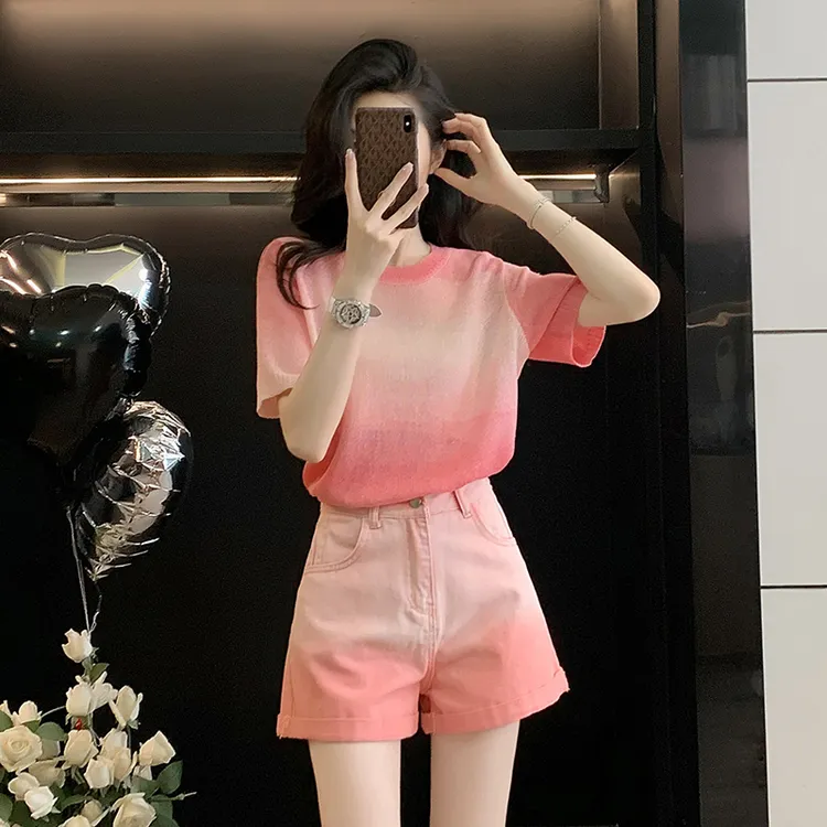 静奢风夏季INS风百搭洋气时尚套装轻职风针织衫牛仔短裤两件套女