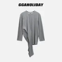 GGAHOLIDAY秋季时尚休闲百搭不规则宽松灰色长袖T恤打底衫-154094