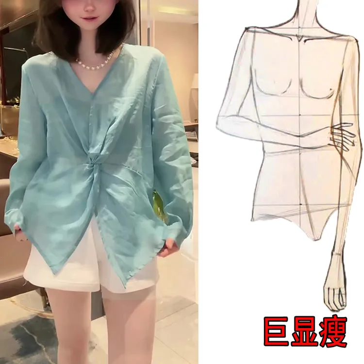 2025夏薄款大码女装宽松V领纯色上衣长袖显瘦交叉系结防晒衬衫