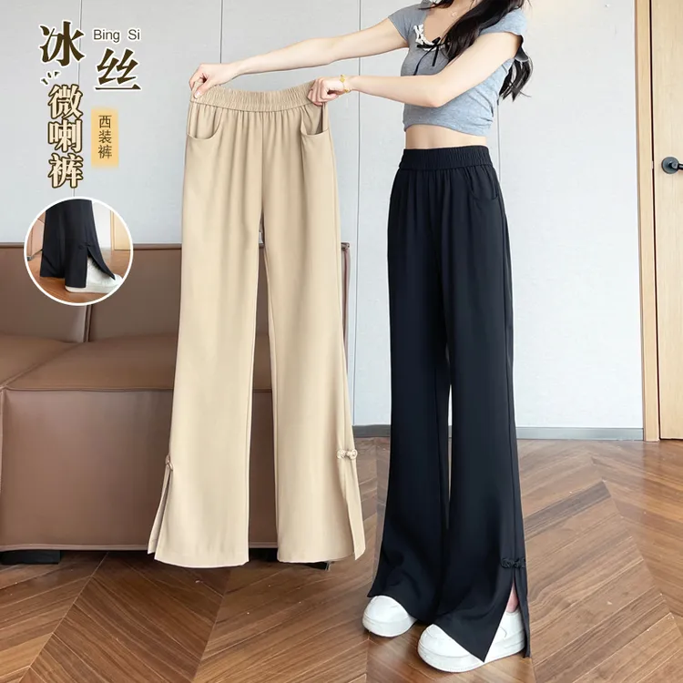 新中式开叉国风喇叭裤女夏季2025新款垂坠感阔腿裤西装微喇女裤子