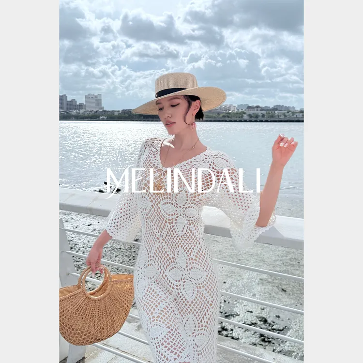 Melinda Li【梦境手钩】镂空手钩四叶草长袖针织度假连衣裙外搭罩衫
