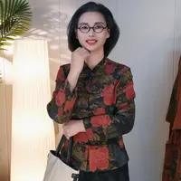 <念秋2>斜纹棉纱数码印花立领盘扣长袖优雅妈妈装上衣2478