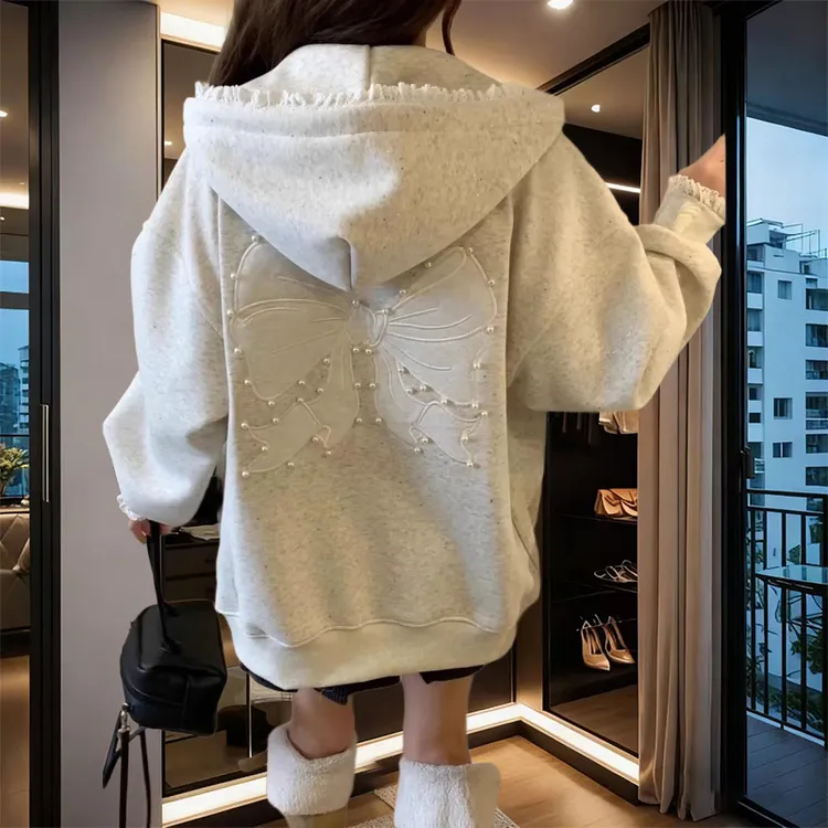 加绒日系原宿风大码300斤蝴蝶结刺绣卫衣女宽松休闲连帽外套韩版