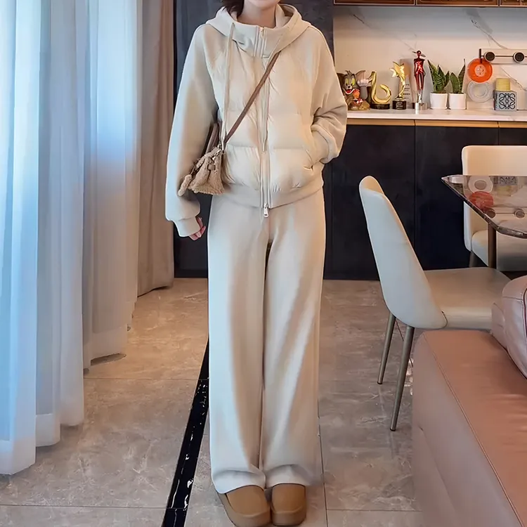 高级感时尚韩版加厚休闲套装2025冬季新款宽松连帽外套+加绒长裤