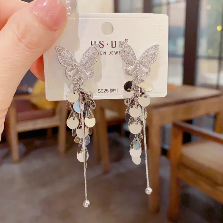 铜合金耳饰 鼎溢高级感轻奢时尚蝴蝶圆片流苏耳坠个性个性设计qh