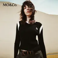 【贤哥专享】MOCO秋撞色翻领字母提花修身针织衫轻职场MBC3SWTT17