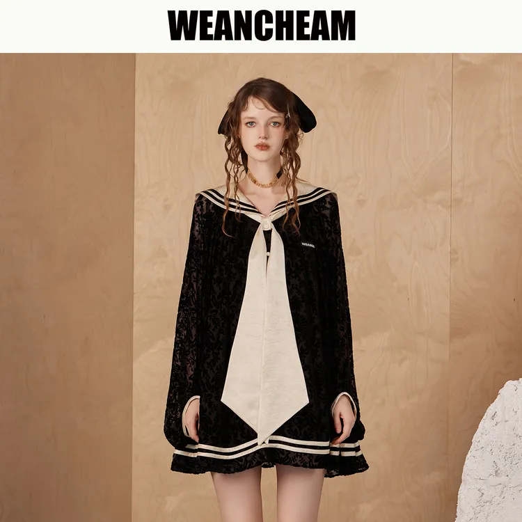 WEANCHEAM未未姆琥珀流光学院风秋冬女装海军领连衣裙W16QDD012