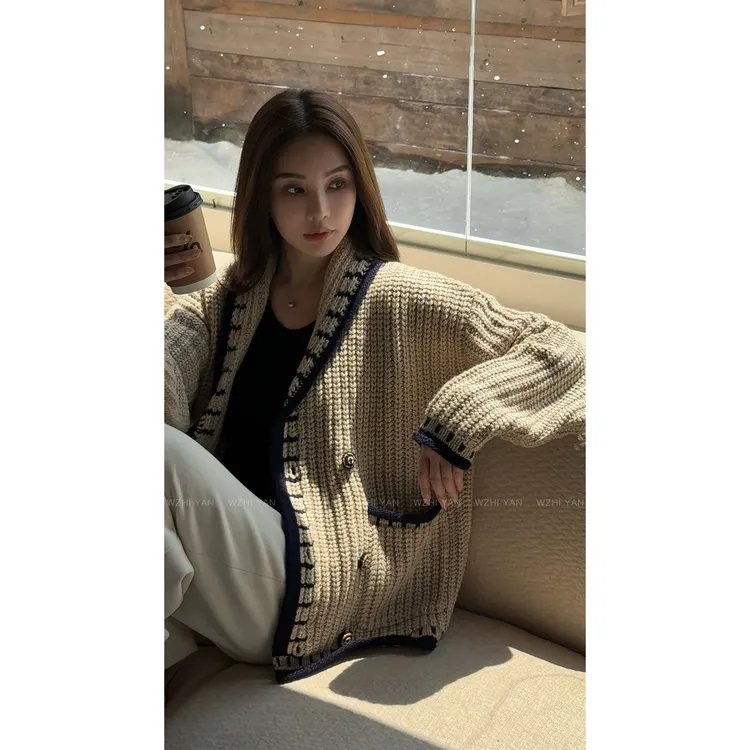 【焙暖温柔】“羊毛开衫”重磅特种编织慵懒感撞色V领毛衣外套X7513