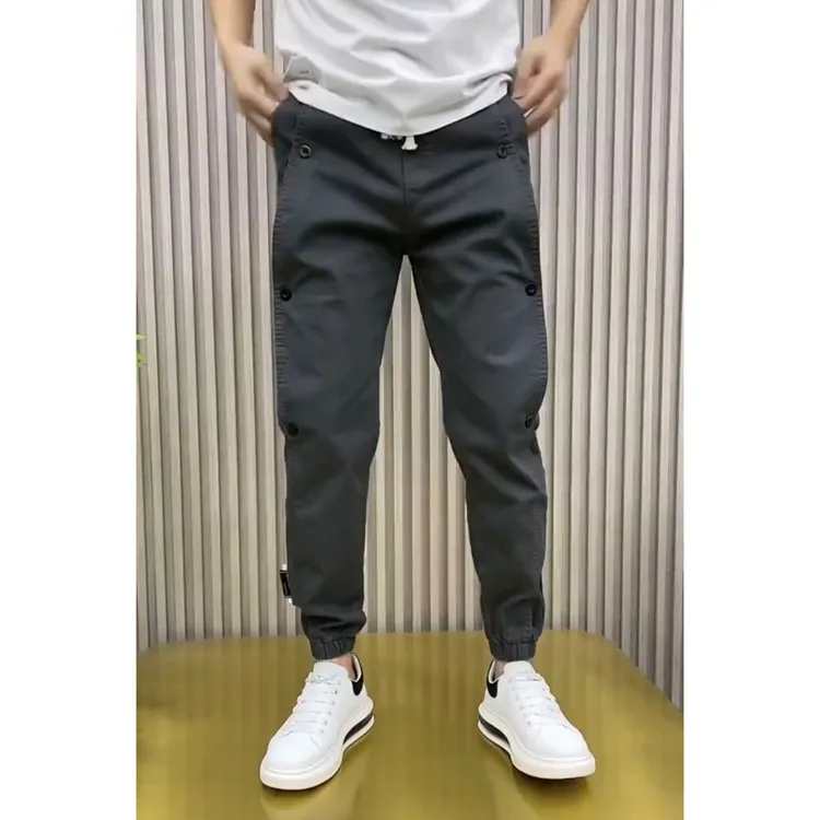 新款男士拼接纽扣设计休闲裤弹力速干工装裤运动时尚长裤