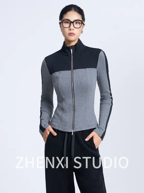 ZHENXI【必入衫】高个子穿搭休闲运动立领修身拼接针织衫25QDYZ0622