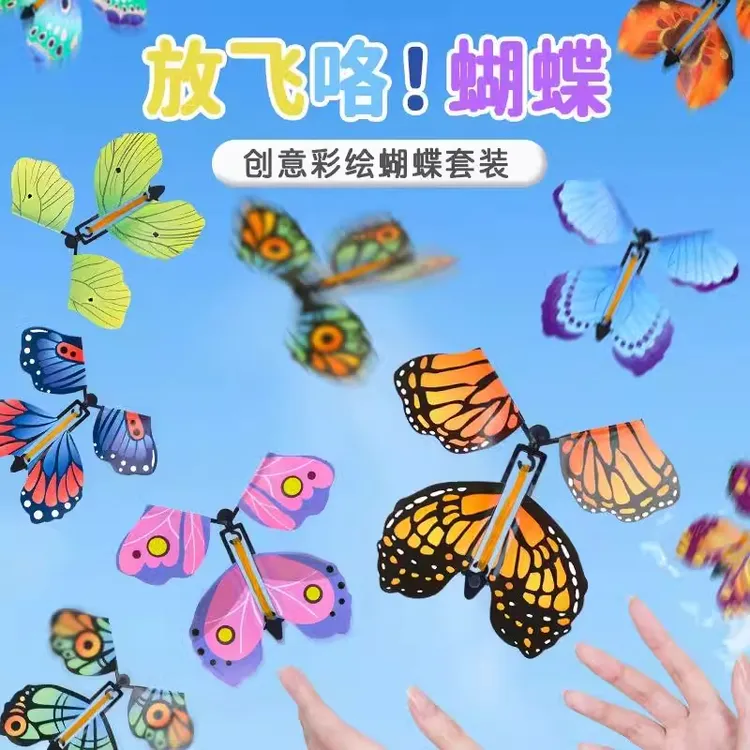 新款儿童户外玩具会飞的蝴蝶喷花礼盒飞去来器亲子互动竹蜻蜓礼物