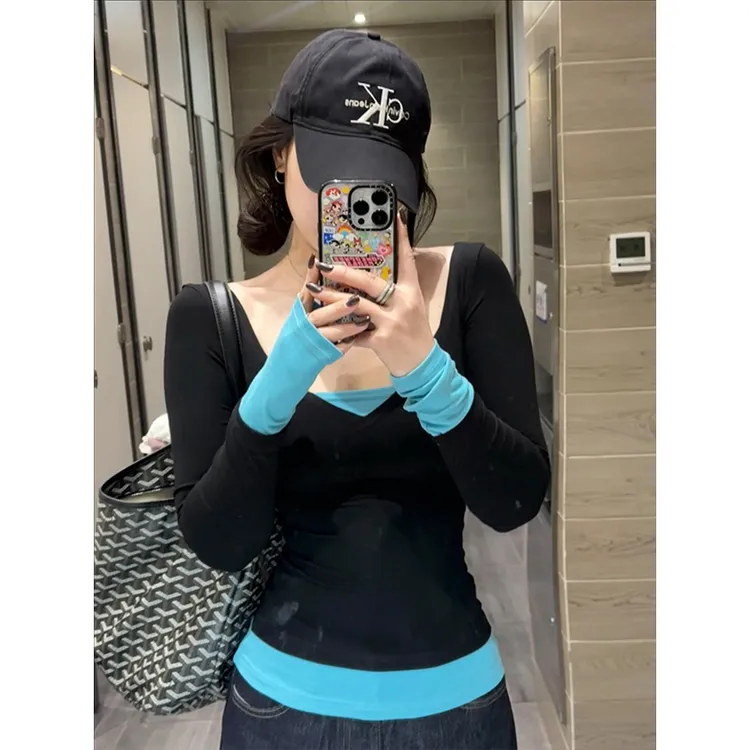 梦优莱辣妹撞色假两件短袖T恤女春夏显瘦外穿上衣服独特漂亮小衫
