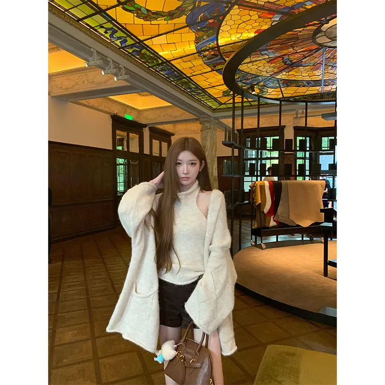 韩系温柔风时尚洋气圆领无袖打底衫小众开衫外套上衣高腰短裤套装