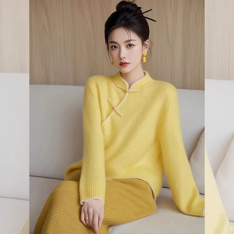 多巴胺黄色毛衣女款2025新款冬季新中式国风盘扣百搭针织衫上衣潮