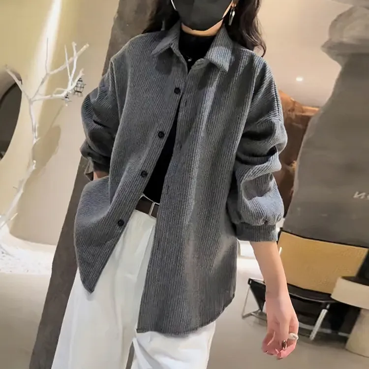 2025秋季新款女灰色条纹衬衫外套慵懒风宽松大码显瘦防晒开衫上衣