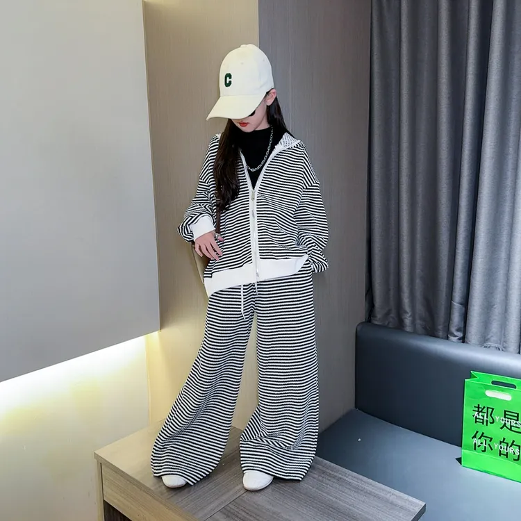 女童条纹套装2025春秋新款韩版洋气中大童宽松休闲童装儿童两件套