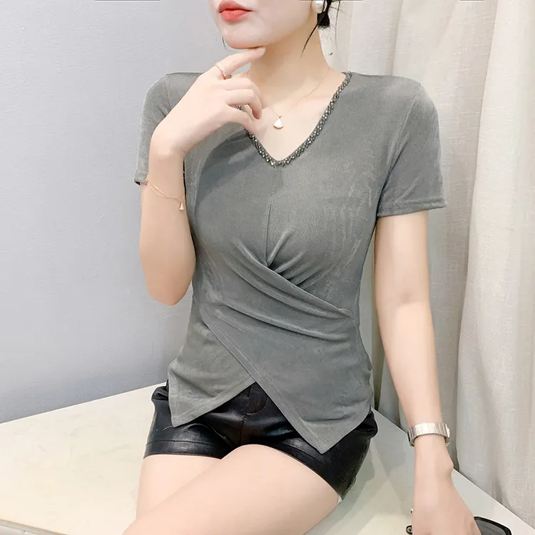 v领钉珠纯色网纱短袖女2025年秋季新款开叉洋气上衣褶皱修身小衫