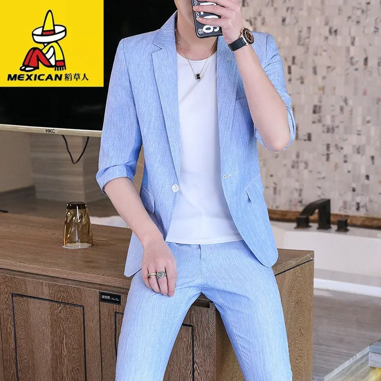 稻草人薄款夏季修身纯色西服套装潮流男装男士时尚休闲商专柜品质