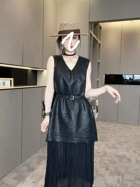 新款秋季高品质大码女装时尚长袖V领马甲裙含腰带1808