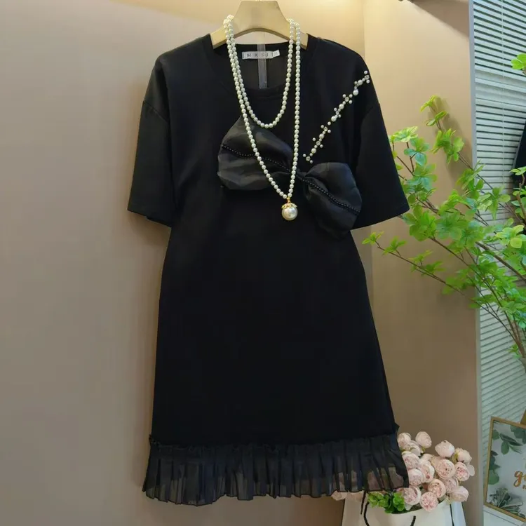 洋气新款胖MM蝴蝶结设计感拼接花边气质遮肉连衣裙（长87左右）