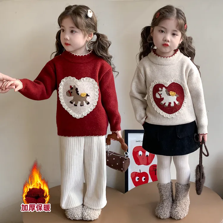 女童新年毛衣加厚一体绒小马拜年服儿童针织打底衫宝宝毛线衣冬装